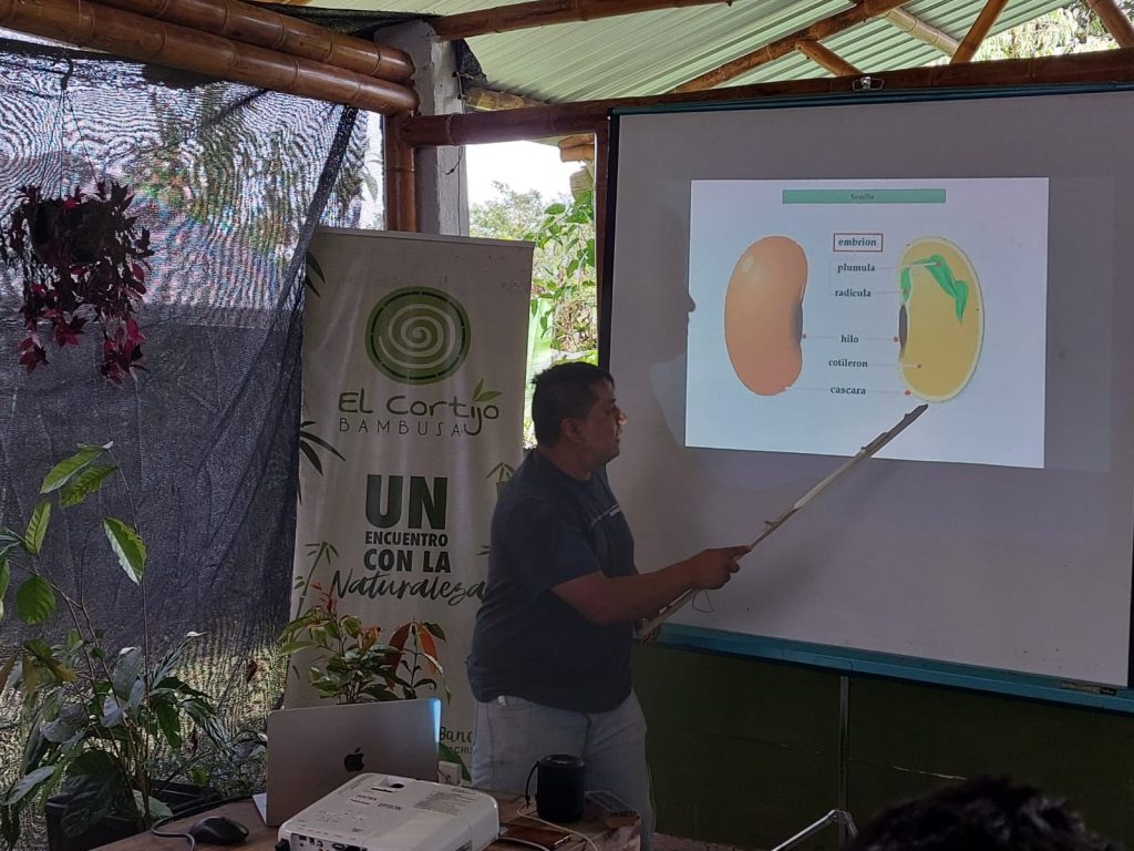 Anahnd einer Powerpoint Präsentation erklärt Nico mit Zeigestock die Anzucht von Setzlingen.